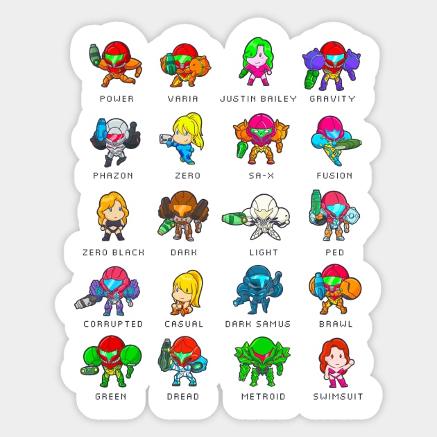 The Many Suits of Samus Sticker by DrawingsFromHell